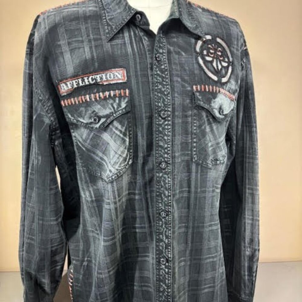 Affliction Black Premium Button Up Long Sleeve Men' 2XL Back HIT Embroidered